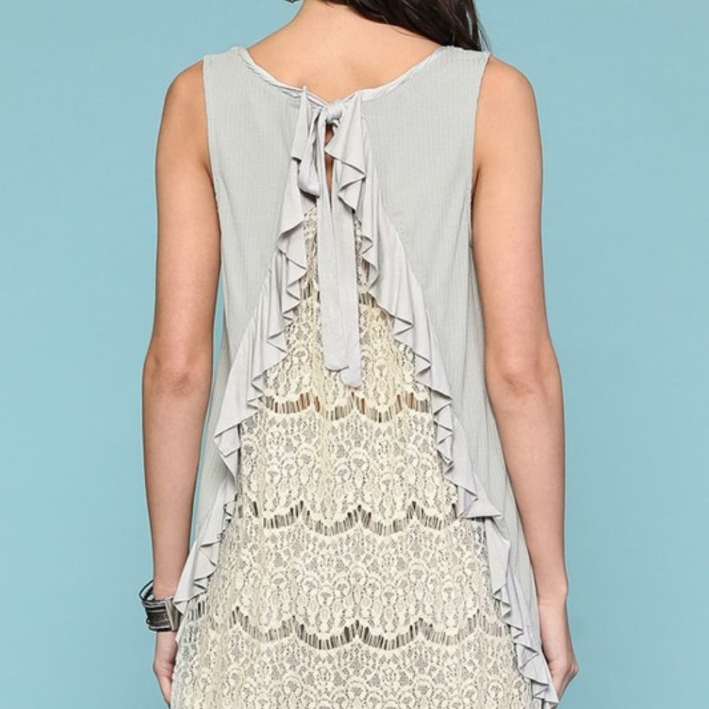 grey lace back and ruffle tank